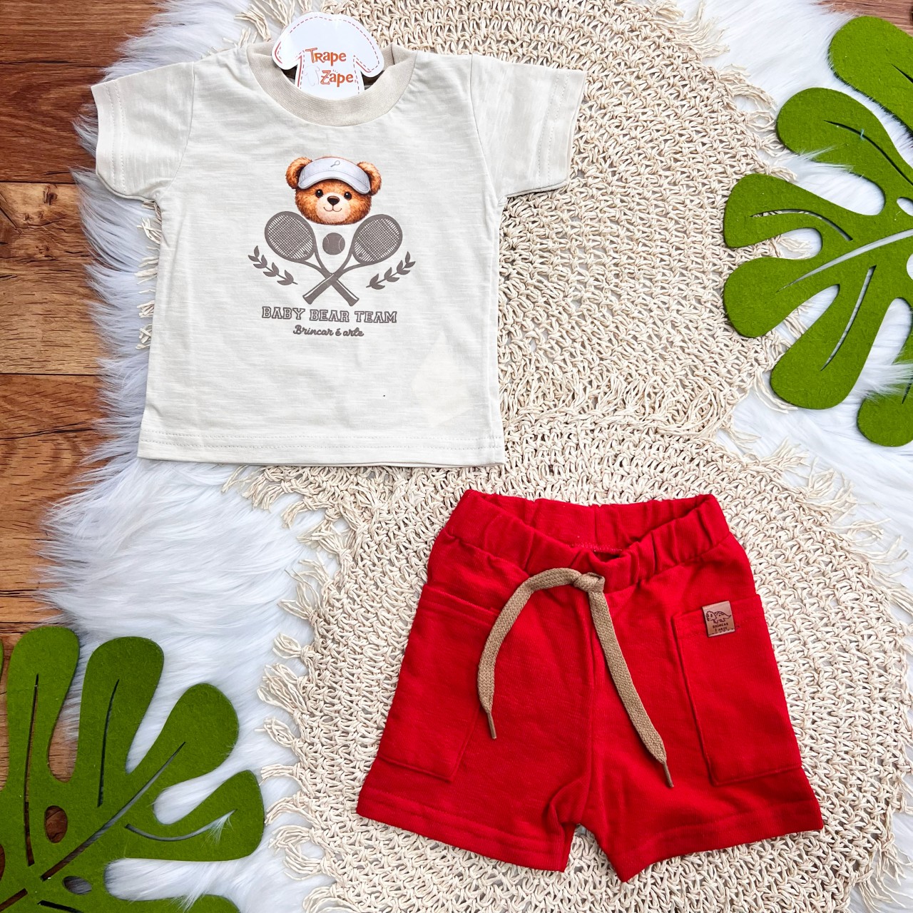  Conj. Camiseta Baby Bear Team e Bermuda - Vermelho 